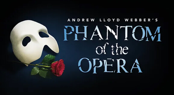 Banner mit Informationen zur Ticketbuchung bei Born Reisen für das Musical "Phantom of the Opera" im Musical Theater Basel.