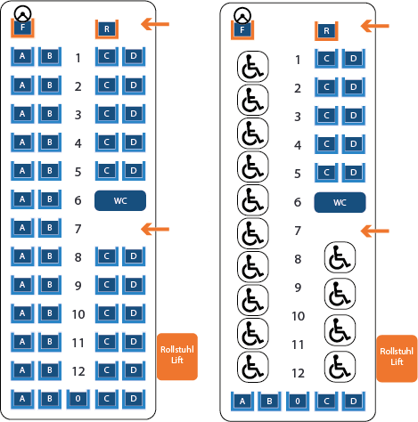 Sitzplatz und Rollstuhl Kapazitäten