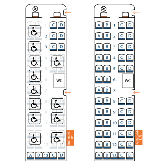 Sitzplatz und Rollstuhl Kapazitäten