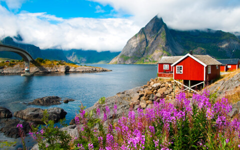 Traditionelles rotes Fischerhaus am Fjord mit Blick auf Berge und Brücke in Norwegen – Nordkap Reise