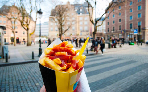 Holding trypical belgian fries in hand in the streets of Brussels