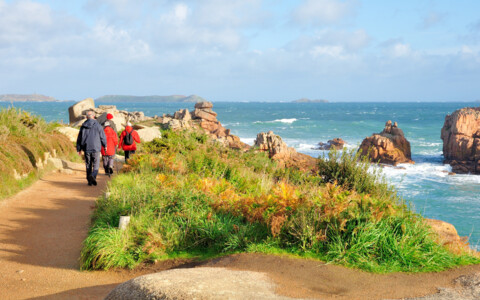 Bizarr geformte rosa Granitfelsen an der Côte de Granit Rose