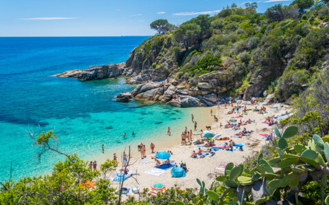 Sandstrand an der Küste von Elba – kristallklares Wasser und mediterrane Urlaubsatmosphäre.
