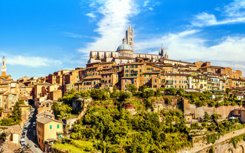 Blick auf die historische Altstadt von Siena in der Toskana mit dem Dom von Siena und den charakteristischen Häusern der Stadt.