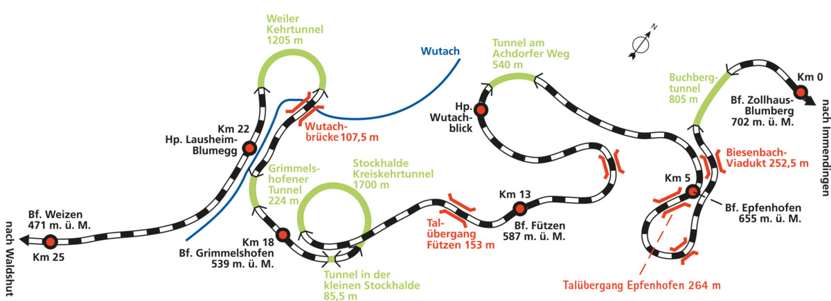 Die Karte zeigt die Strecke der Sauschwänzlebahn von Blumberg-Zollhaus nach Weizen durch das malerische Wutachtal.