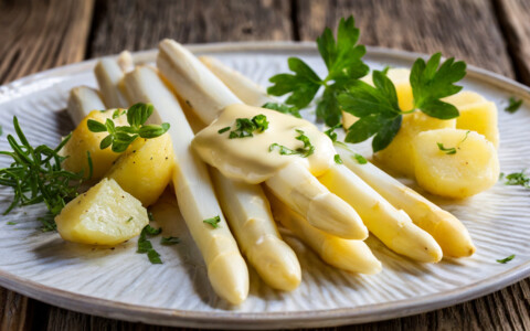 Spargeln, Spargelessen mit Kartoffeln