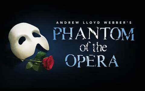 Banner mit Informationen zur Ticketbuchung bei Born Reisen für das Musical "Phantom of the Opera" im Musical Theater Basel.