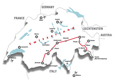 Streckenkarte Glacier Express von St. Moritz nach Zermatt
